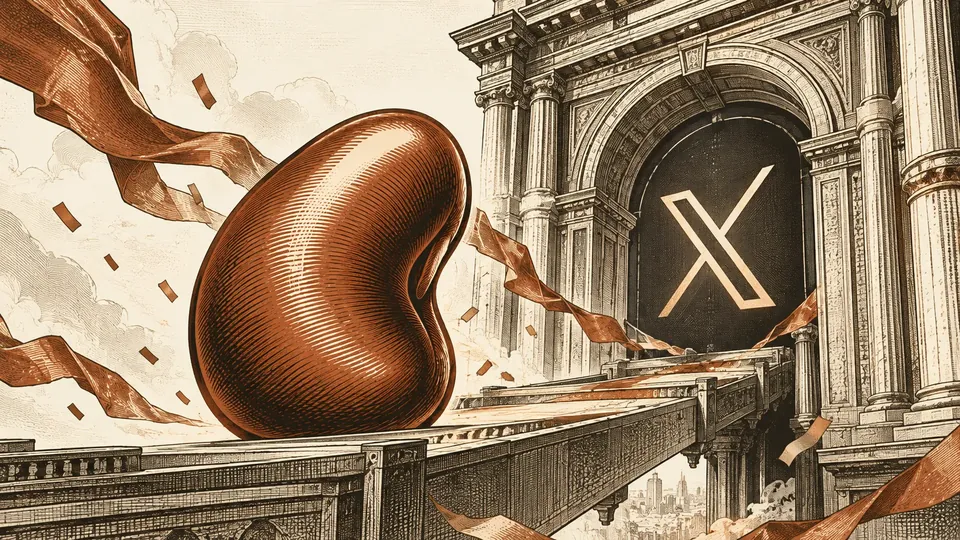 The copper bean rolls across a stone bridge toward a grand classical archway framing the X logo, ribbons streaming behind it.
